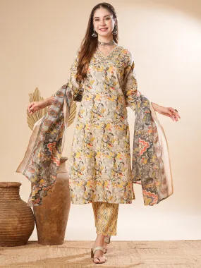 Abstract & Printed Resham Embroidered Kurta with Pants & Dupatta - Mutli