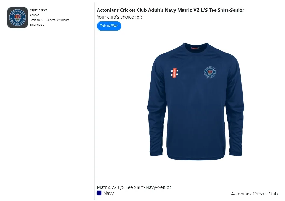 Actonians Cricket Club Adult's Navy Matrix V2 L/S Tee Shirt-Senior