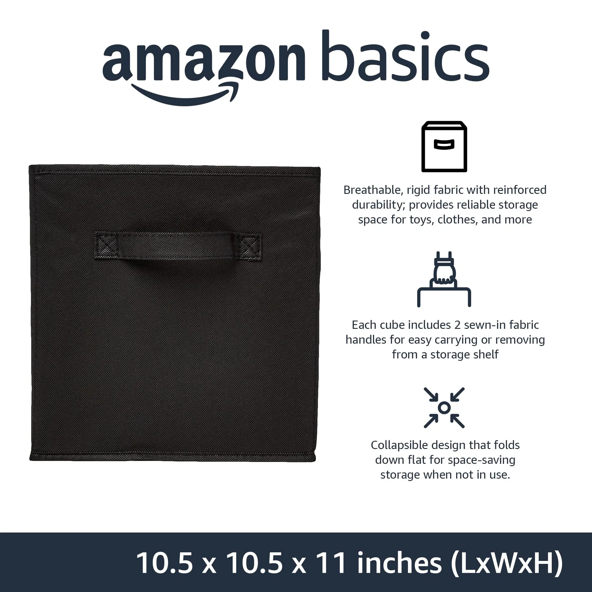 Amazon Basics Collapsible Fabric Storage Cubes Organizer with Handles, 10.5x10.5x11, Black - Pack of 6