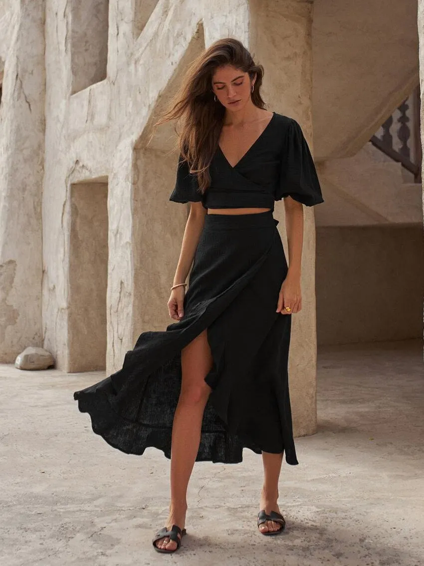 Back to School Black Crop Top Dress For Women Summer 100% Cotton V Neck Puff Sleeve Lace Up Cutout Dress High Waist Ruffle Slit One Piece Dress