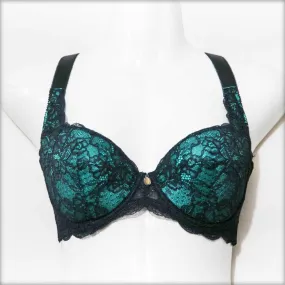 Black & Green Embroidered Net Bra - Single Padded Underwired Bra