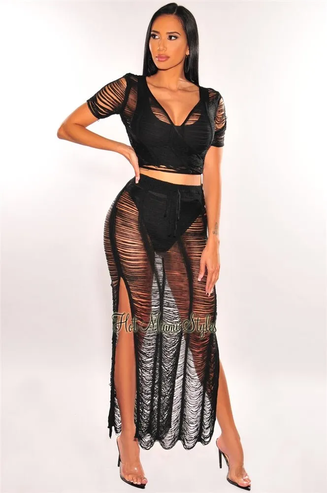 Black Crochet Knit Sheer Skirt Two Piece Set Cover Up