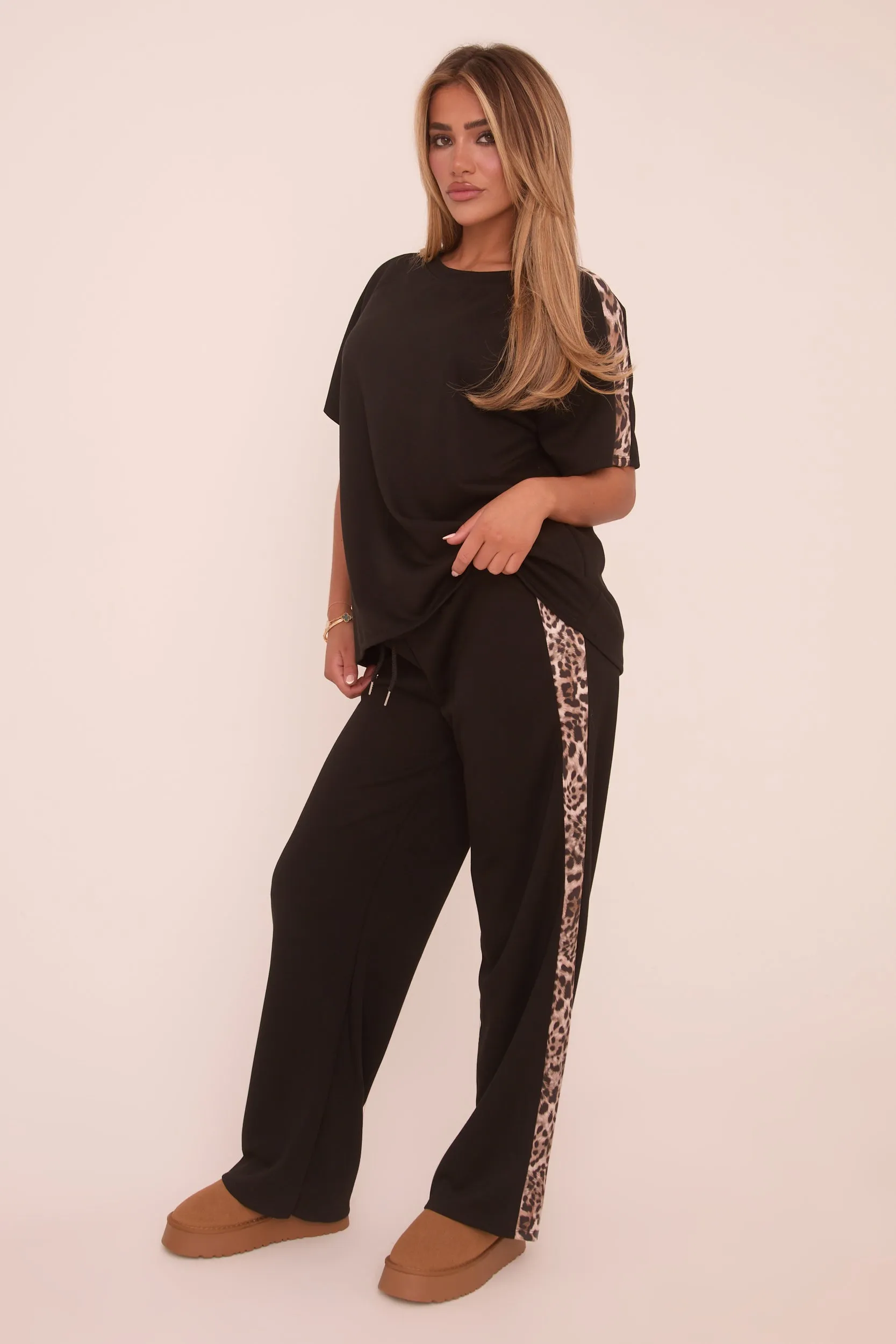 Black Leopard Trim Oversized T-shirt & Straight Leg Joggers Loungewear Set - Elizabeth