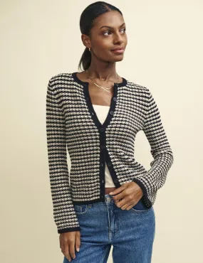 Black Stripe Flute Sleeve Mock-Crochet Cardigan