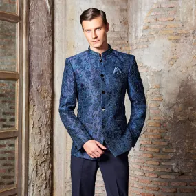 Blue Jacquard Silk Embroidered Jodhpuri Suit