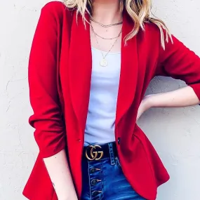 Burgundy Open Front With Button Blazer