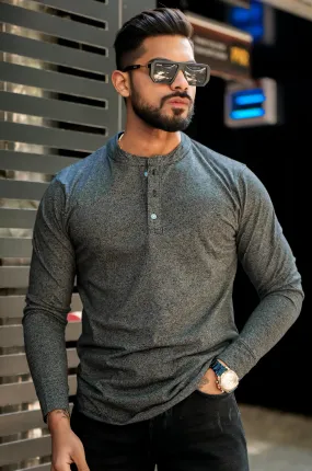 Charcoal Grey Self Design Henley T-Shirt