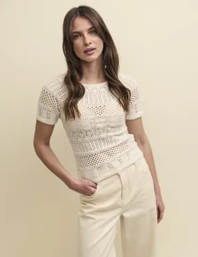 Cream Mock-Crochet Knitted Top