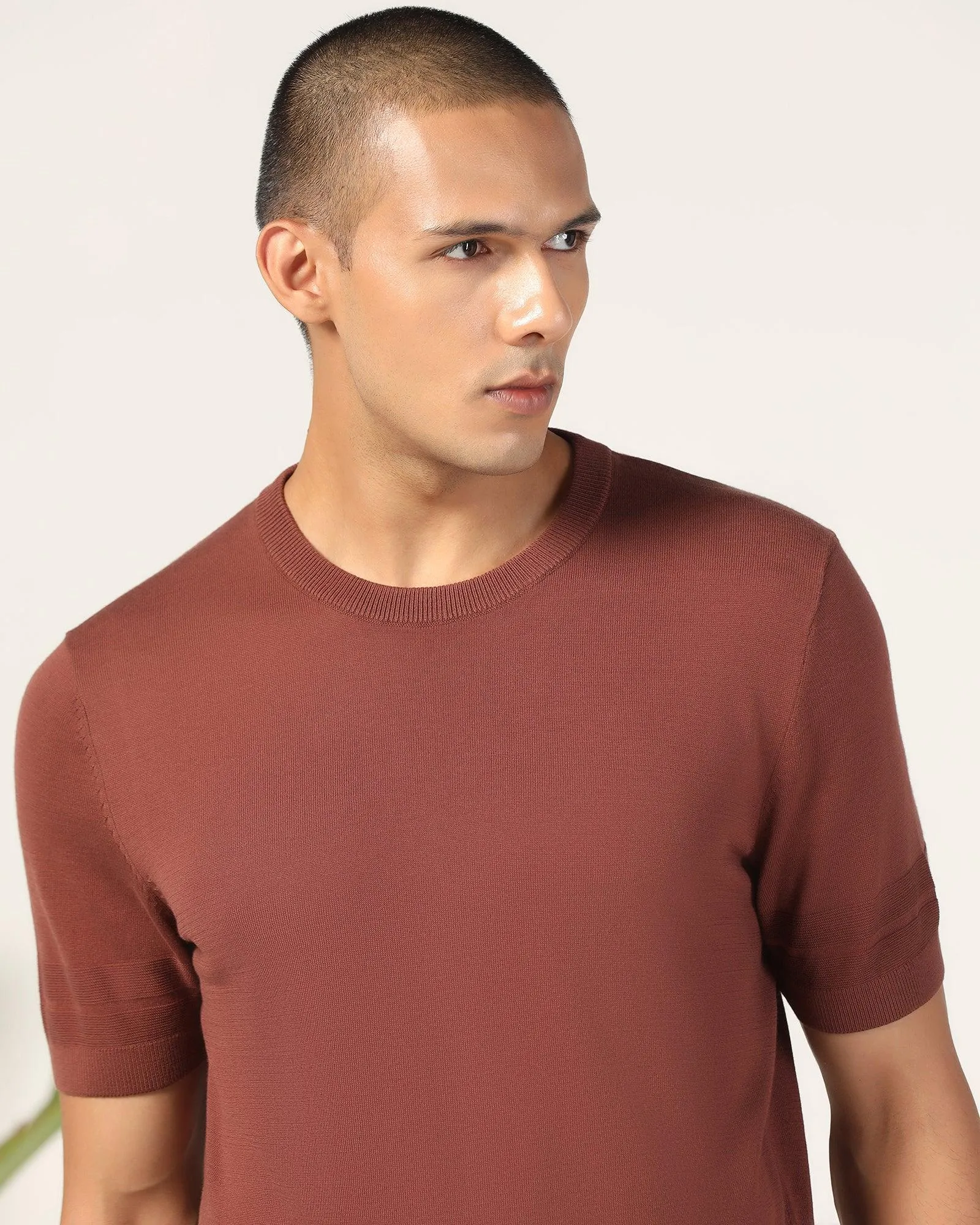 Crew Neck Brown Yarn Dyed T-Shirt - Miya