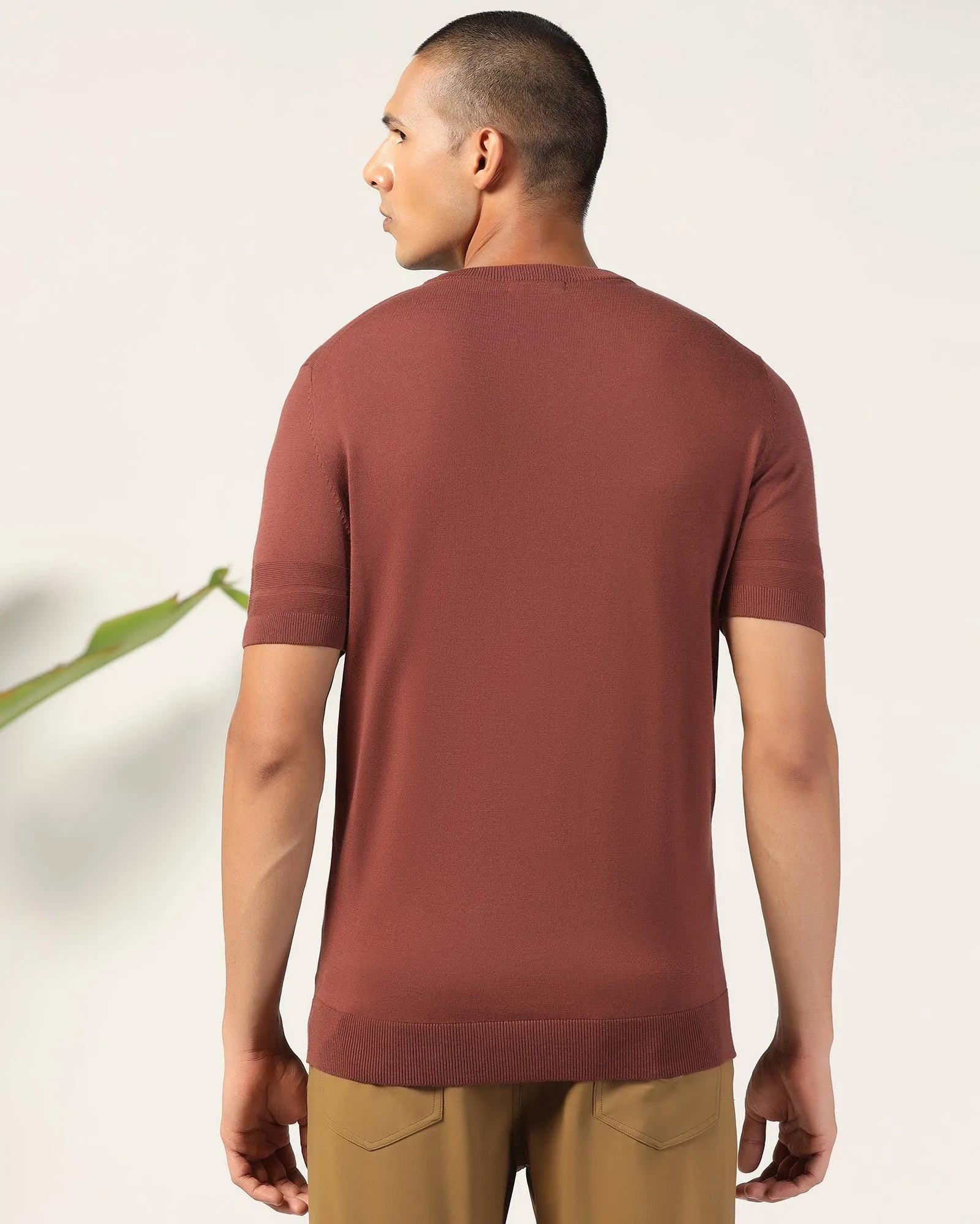 Crew Neck Brown Yarn Dyed T-Shirt - Miya