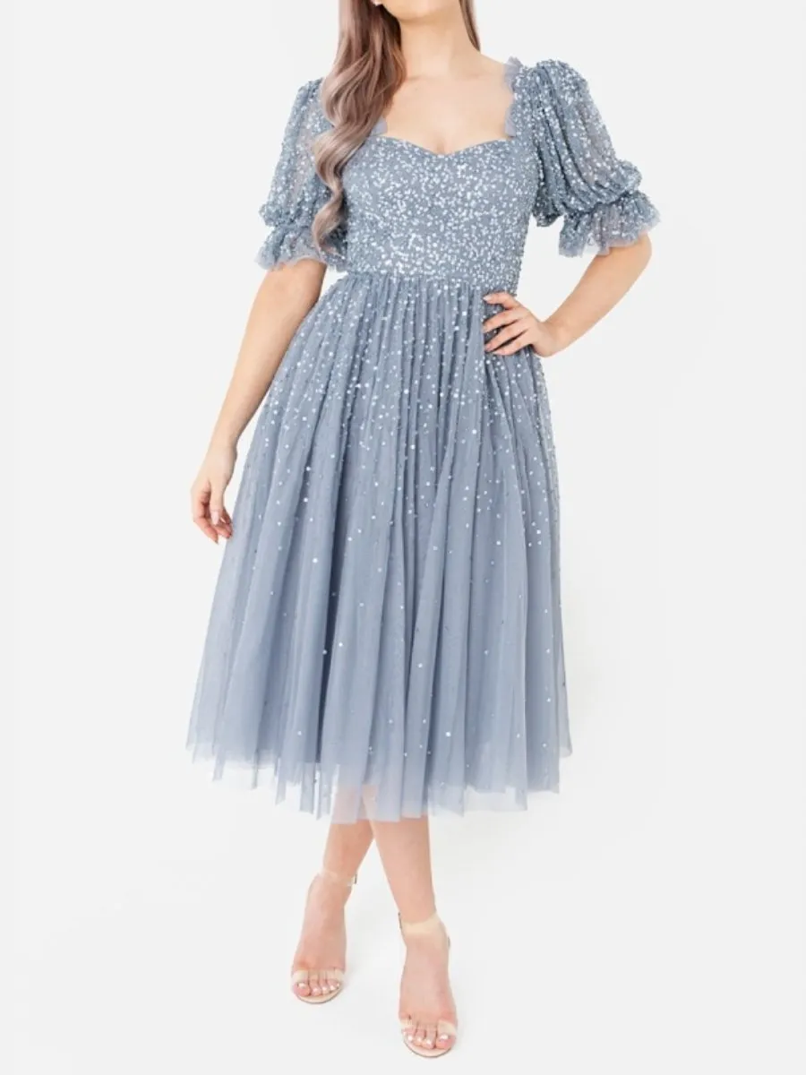 Dusty Blue Mesh Midi Dress