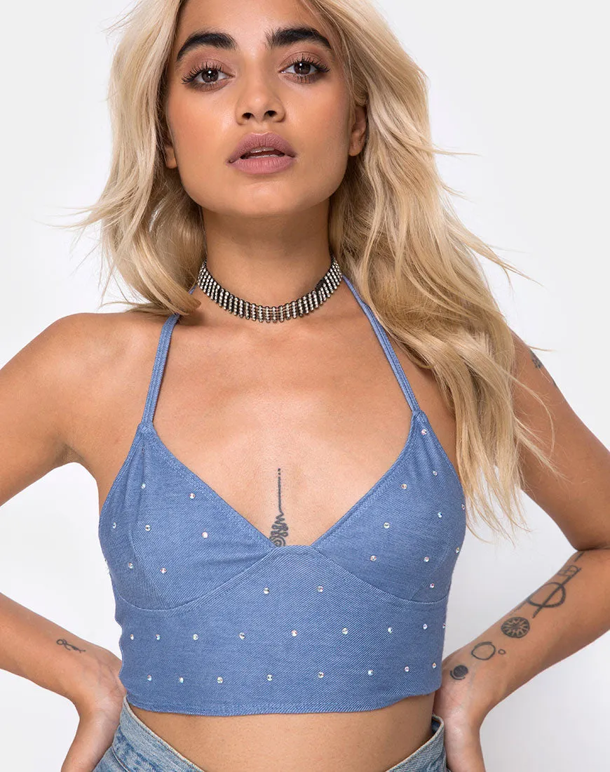 Dyla Crop Top in Blue Denim Hot Fix