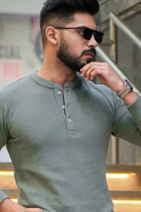 Greenish Grey Self Waffle Knit Henley T-Shirt