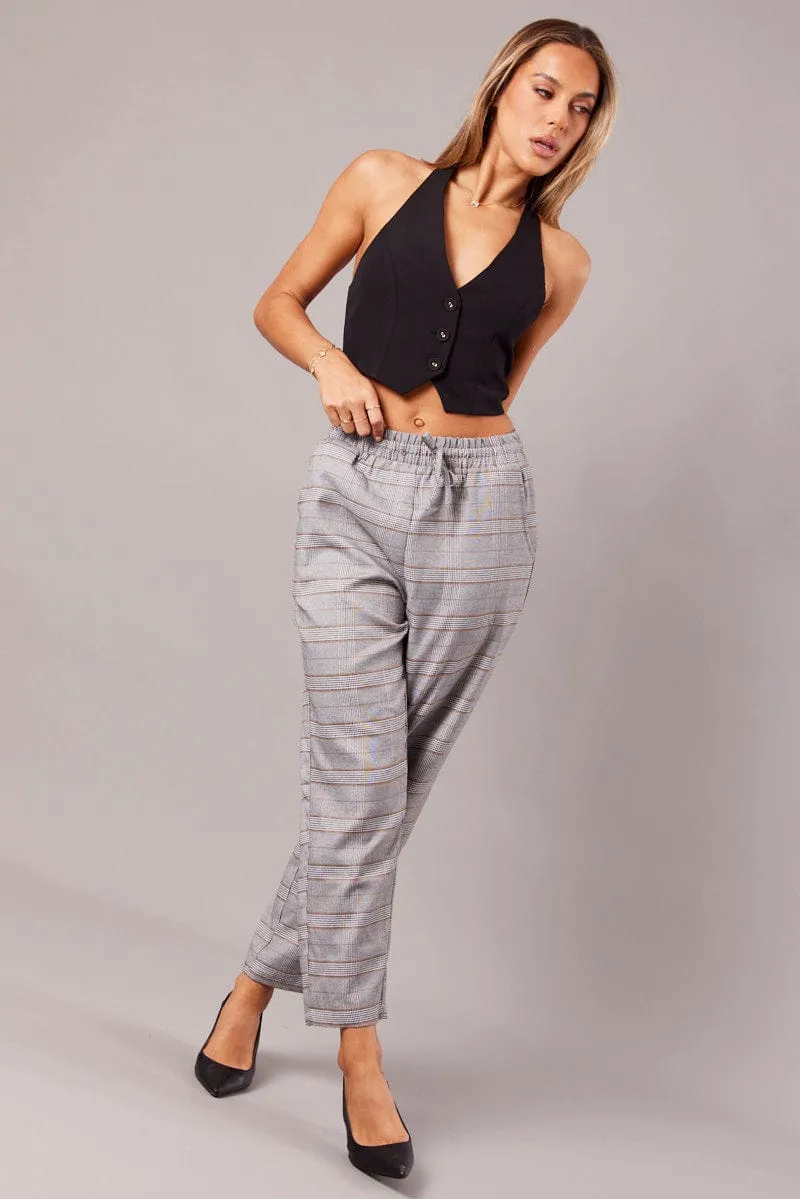 Grey Check Tapered Pants Elasticated Waist Cropped