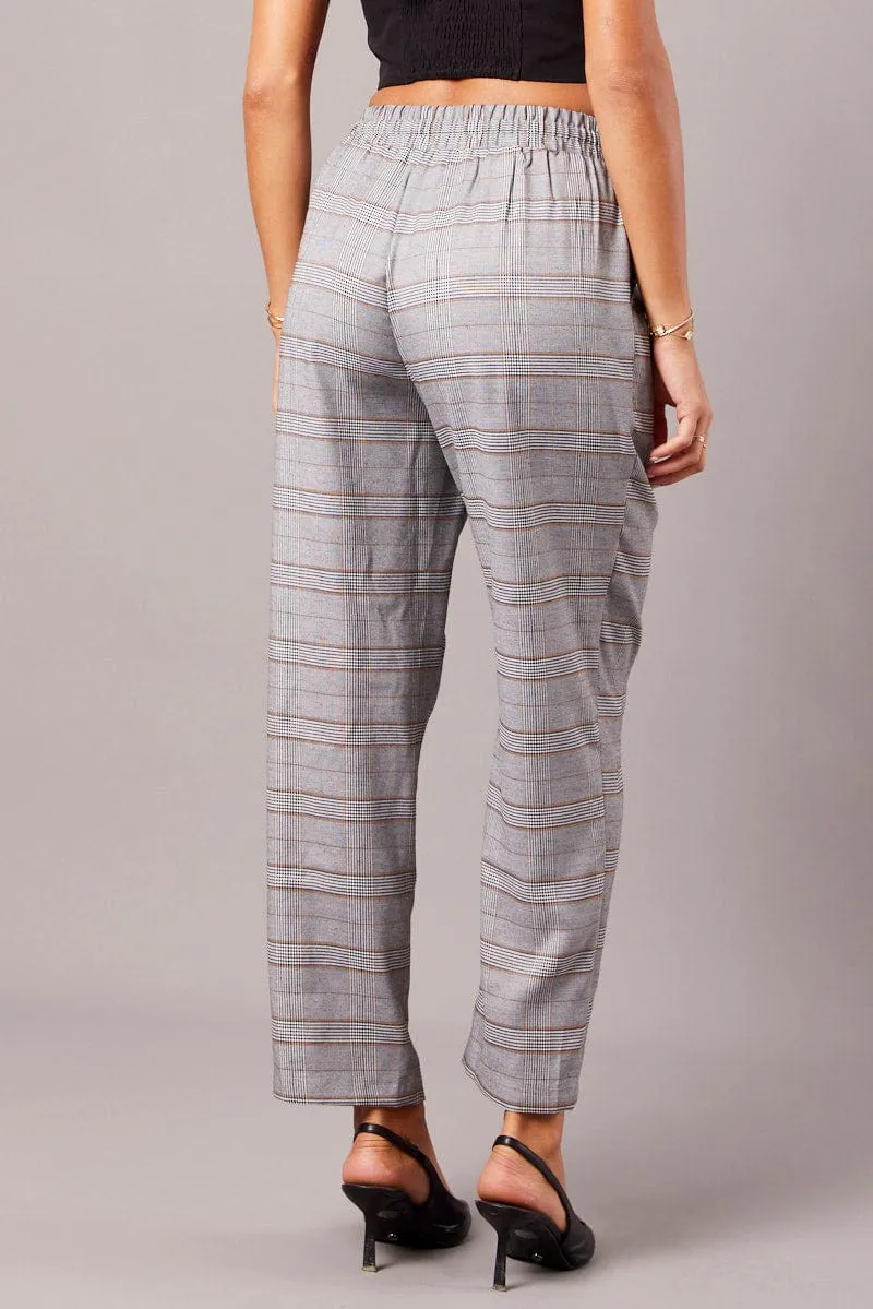 Grey Check Tapered Pants Elasticated Waist Cropped