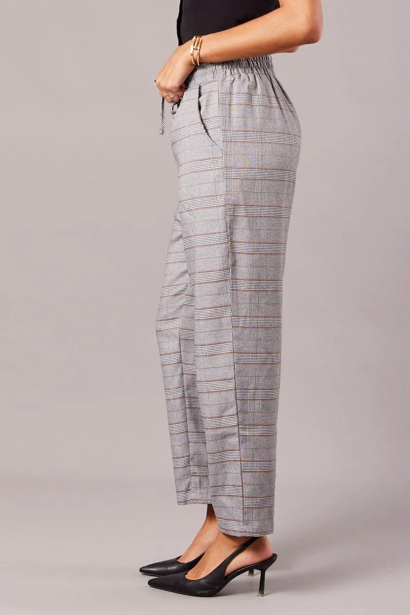 Grey Check Tapered Pants Elasticated Waist Cropped