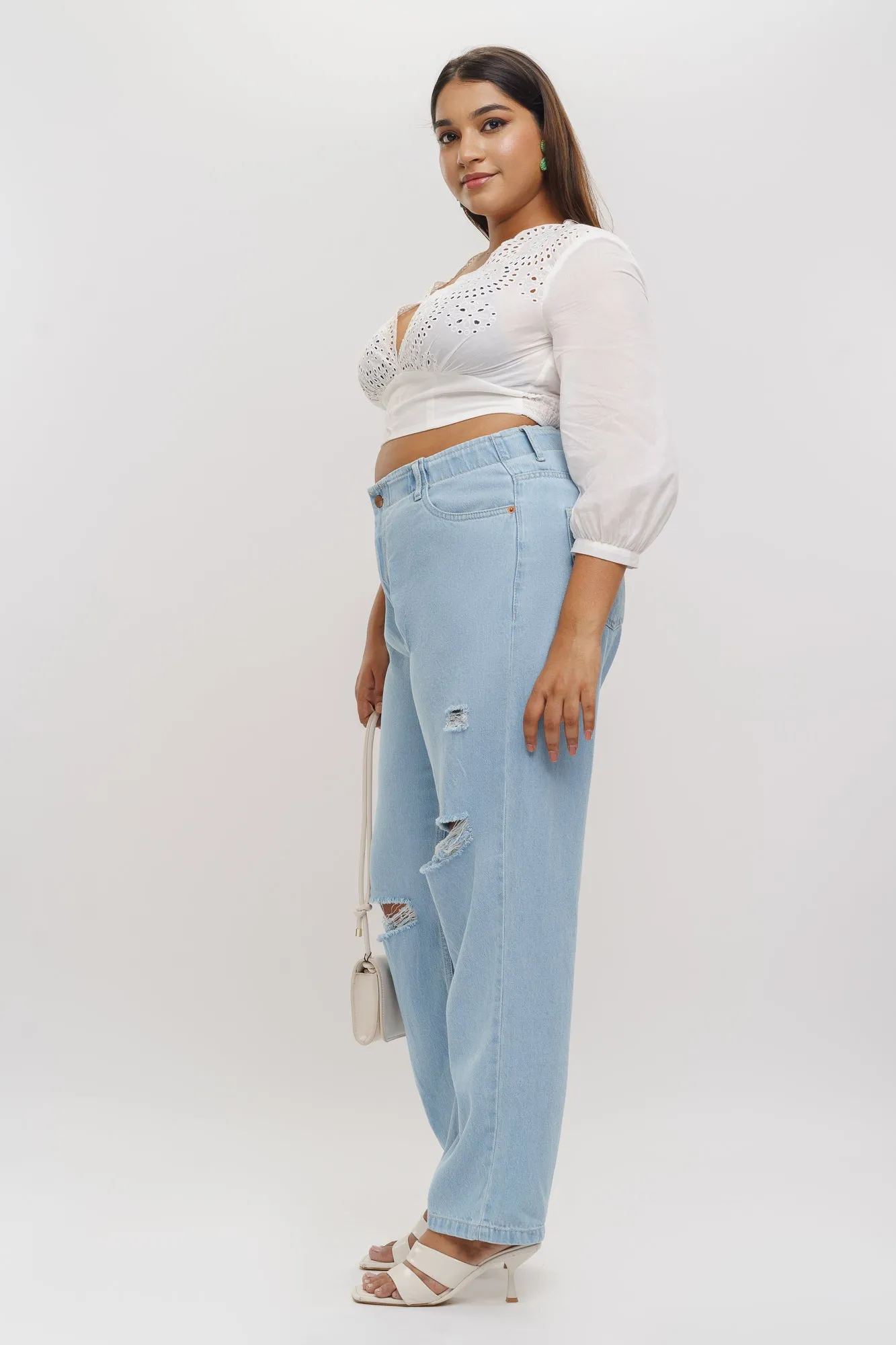 Light Elasticated Distress Mom Jeans