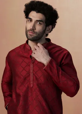 Manyawar Merlot Red Jacquard Kurta Pajama