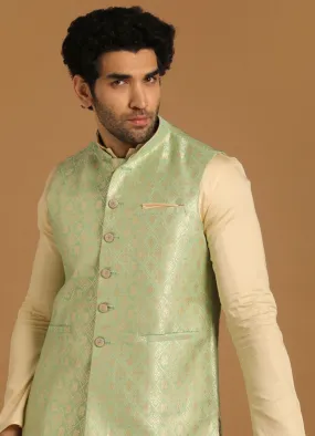 Manyawar Sea Green Celebration Wear Kurta Jacket With Golden Motifs