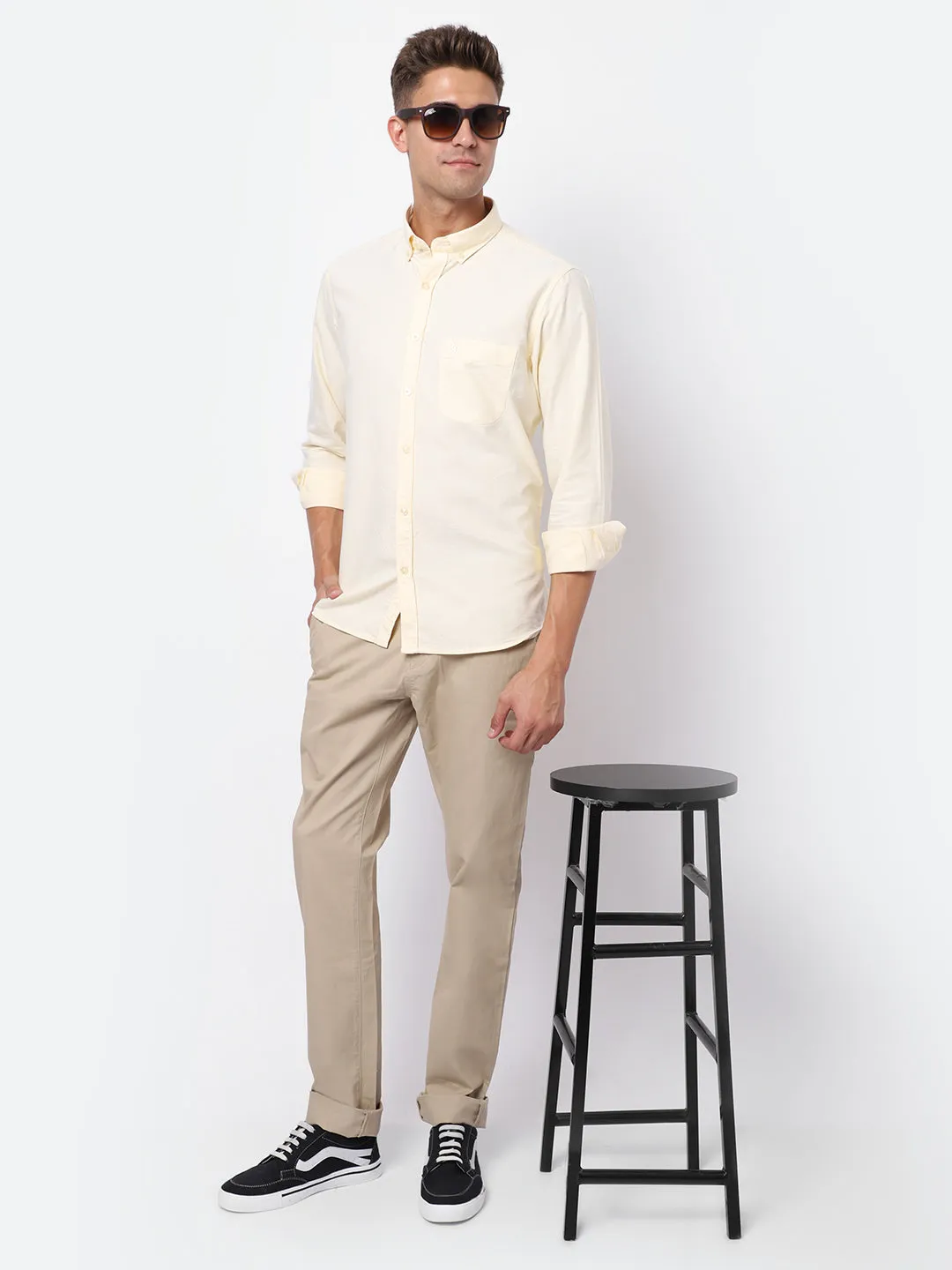 Men's Light Yellow Casual Plain Full Sleeve Shirt