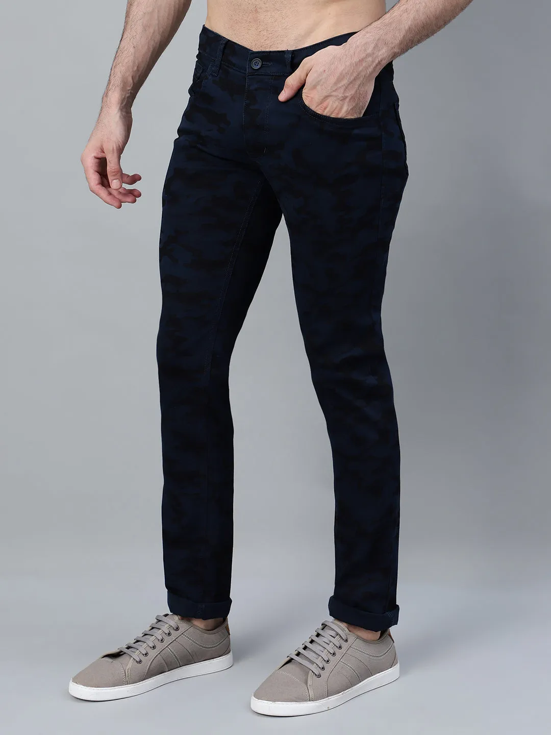 Men's Navy Blue Printed Non-Pleated Casual Trouser