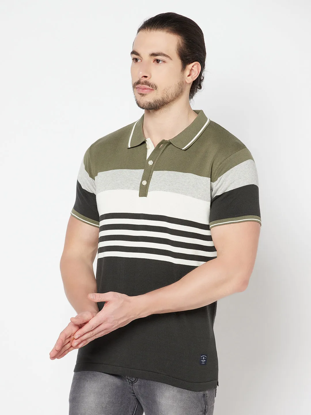 Men's Olive Green Placement Stripe Polo neck Half Sleeve Flatknit T-Shirt