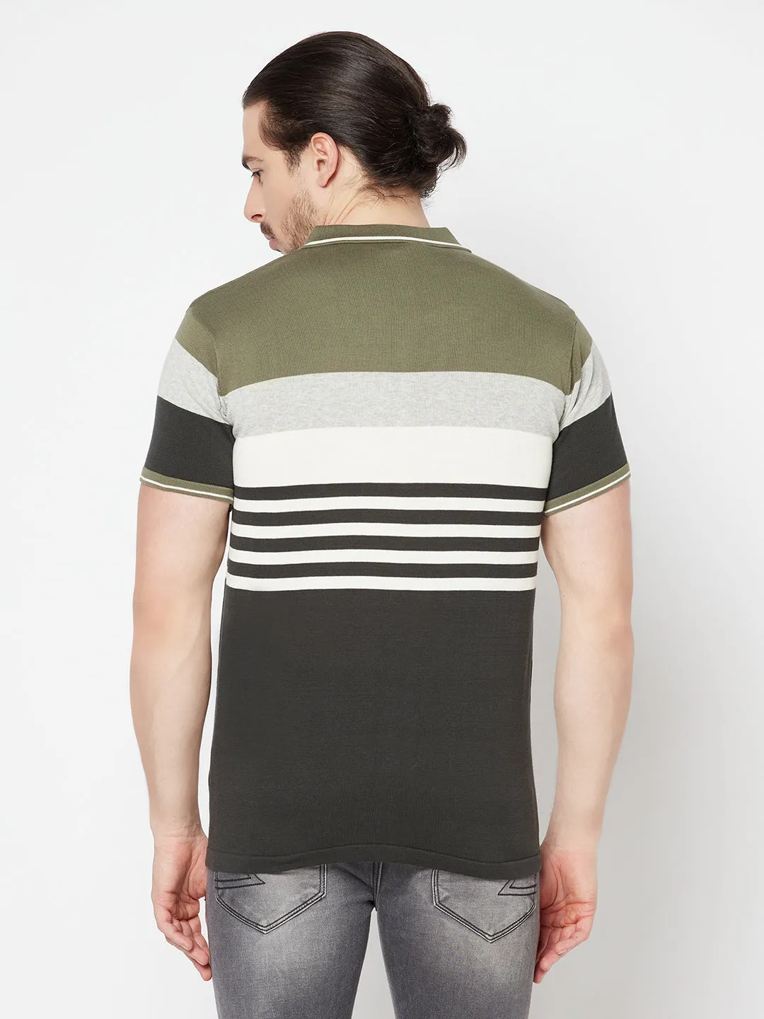 Men's Olive Green Placement Stripe Polo neck Half Sleeve Flatknit T-Shirt