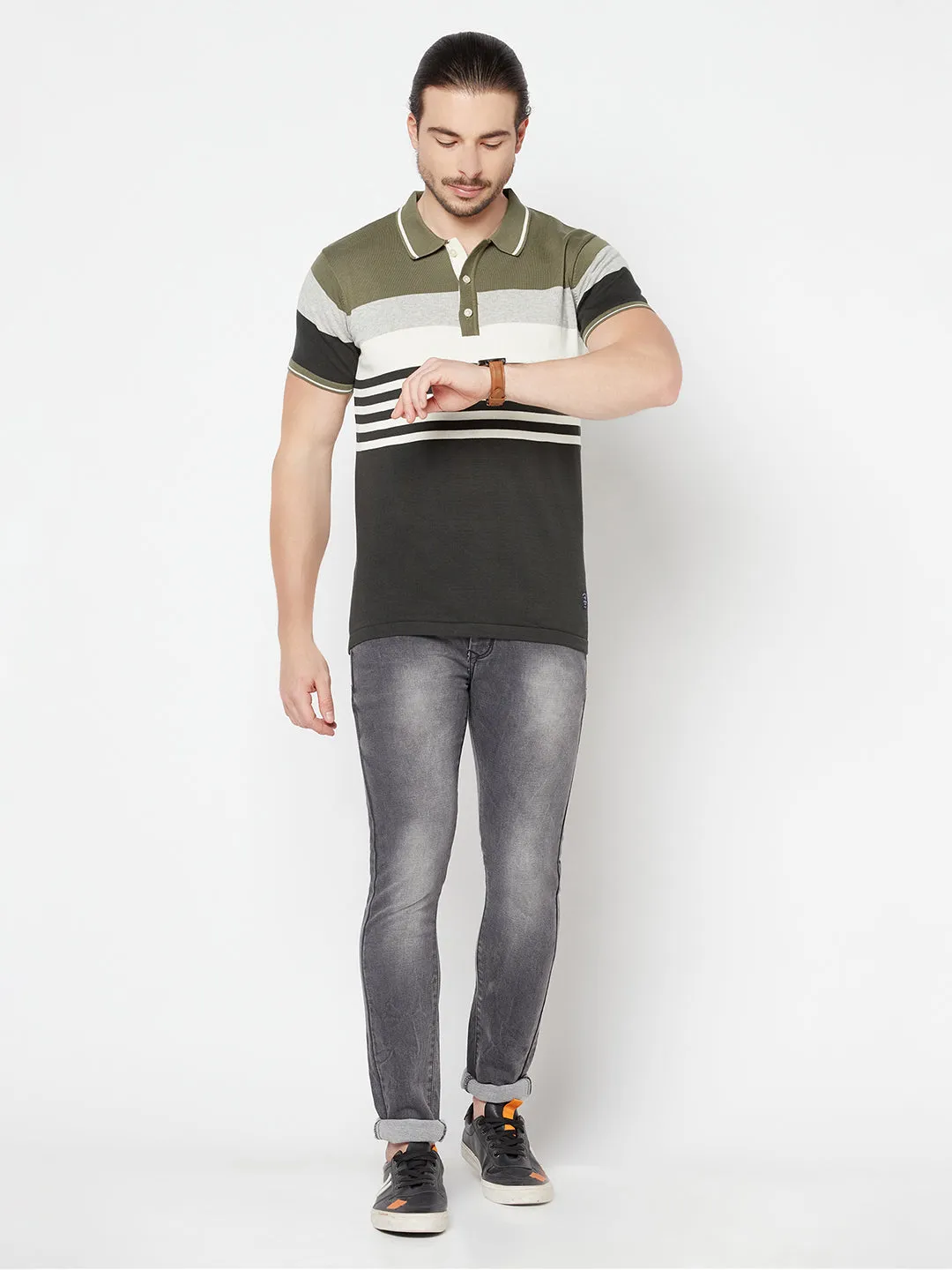 Men's Olive Green Placement Stripe Polo neck Half Sleeve Flatknit T-Shirt