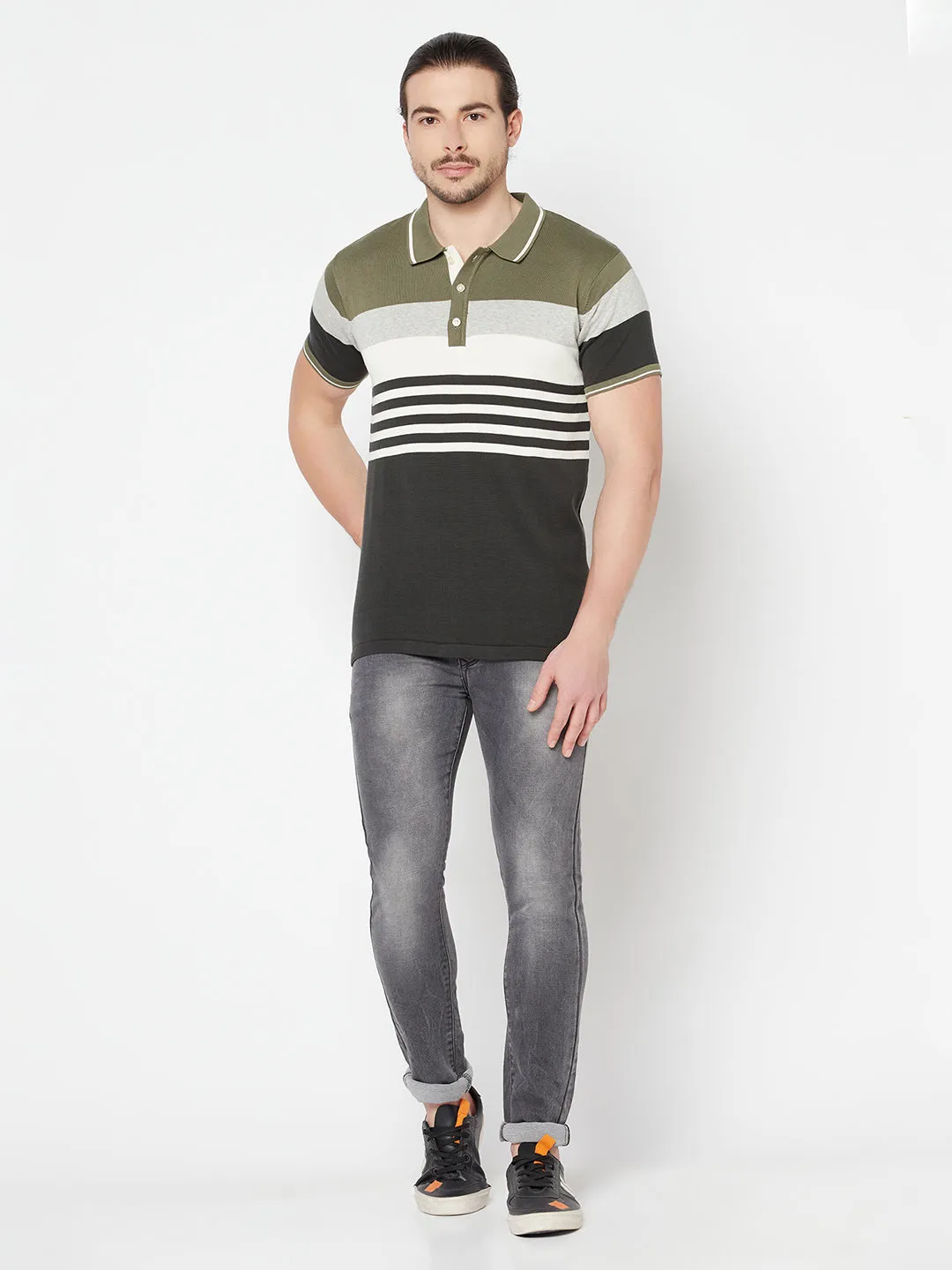 Men's Olive Green Placement Stripe Polo neck Half Sleeve Flatknit T-Shirt