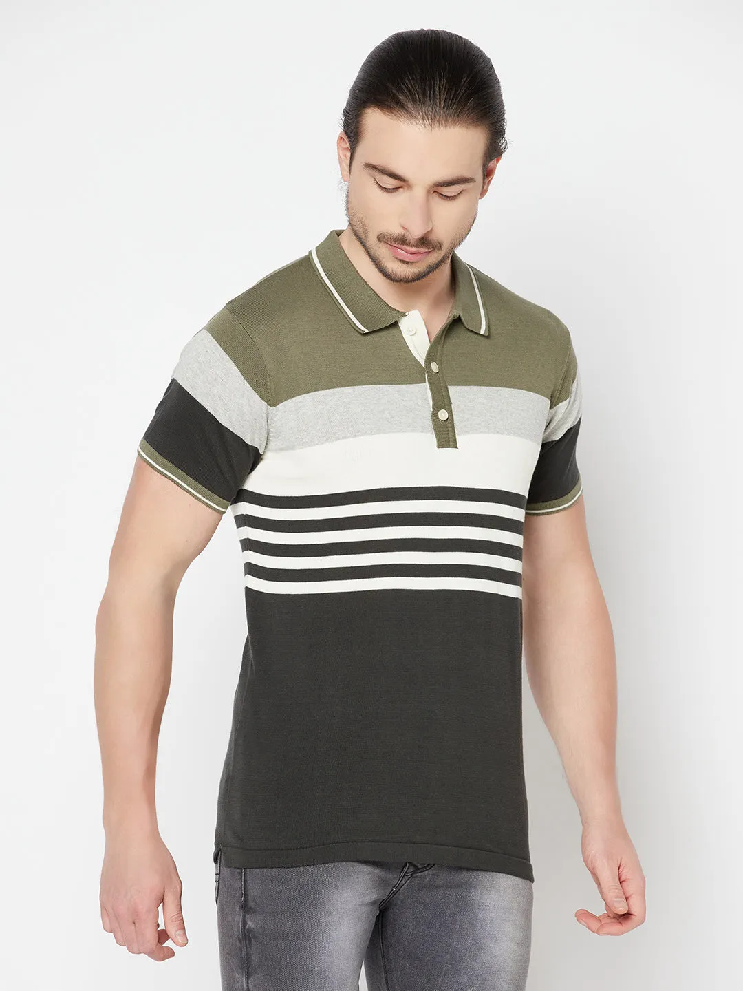 Men's Olive Green Placement Stripe Polo neck Half Sleeve Flatknit T-Shirt