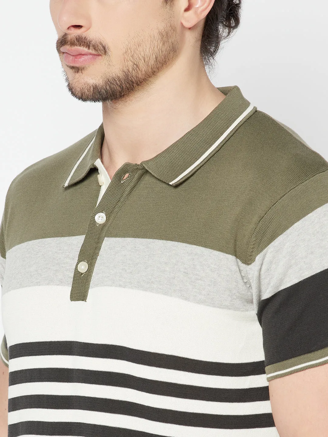 Men's Olive Green Placement Stripe Polo neck Half Sleeve Flatknit T-Shirt