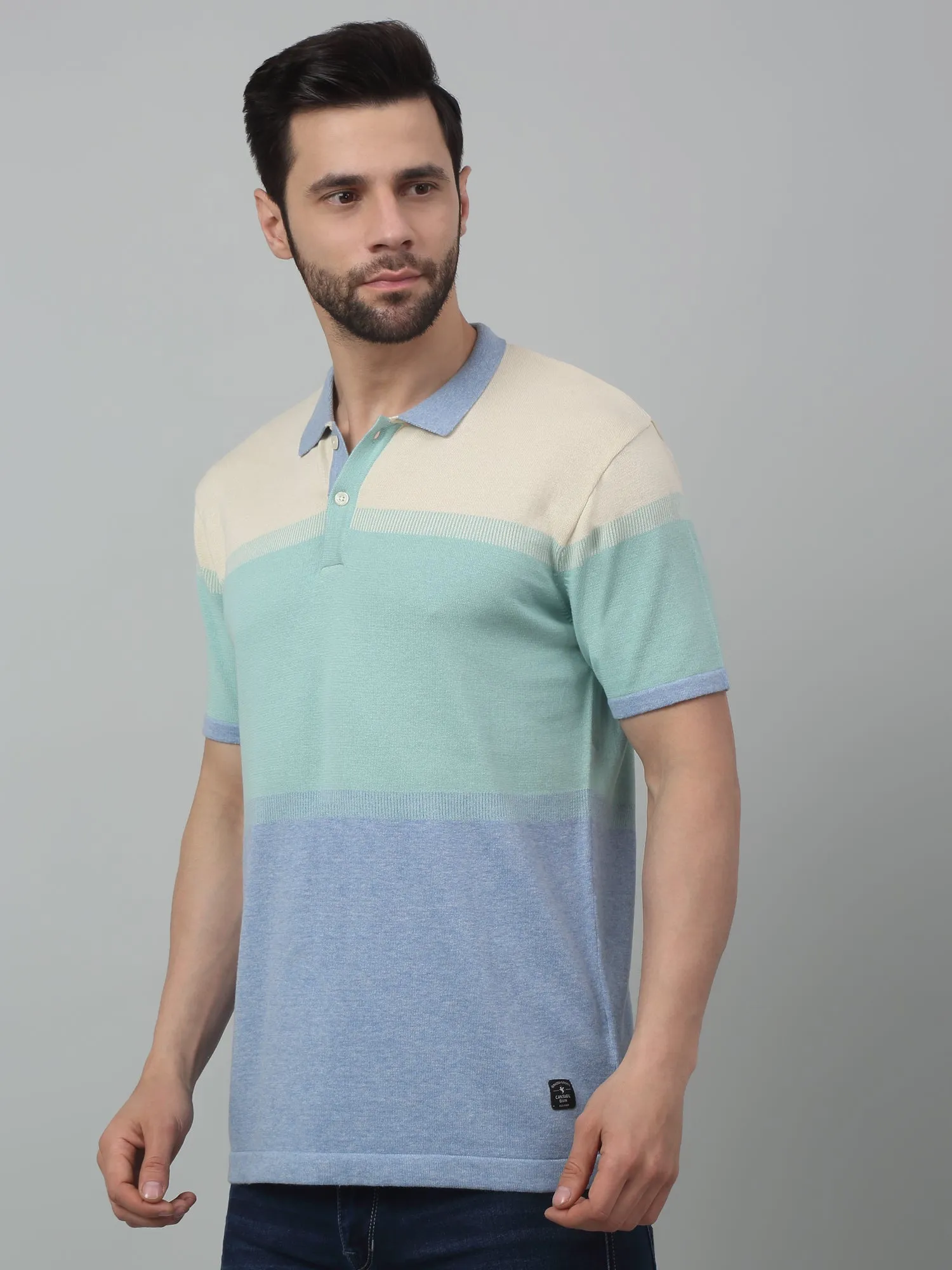 Men's Sky Blue Color block Polo neck Half Sleeve Flatknit T-Shirt