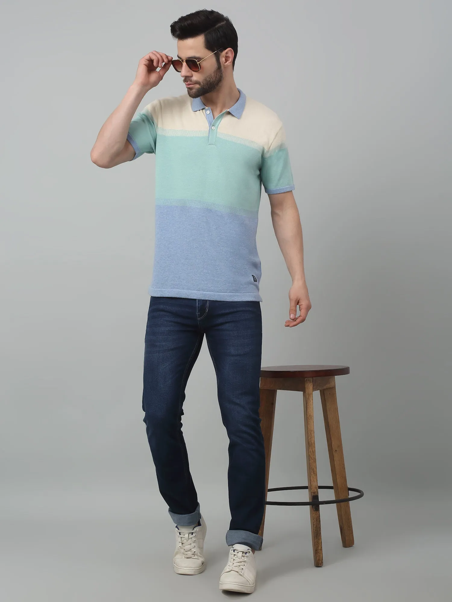 Men's Sky Blue Color block Polo neck Half Sleeve Flatknit T-Shirt