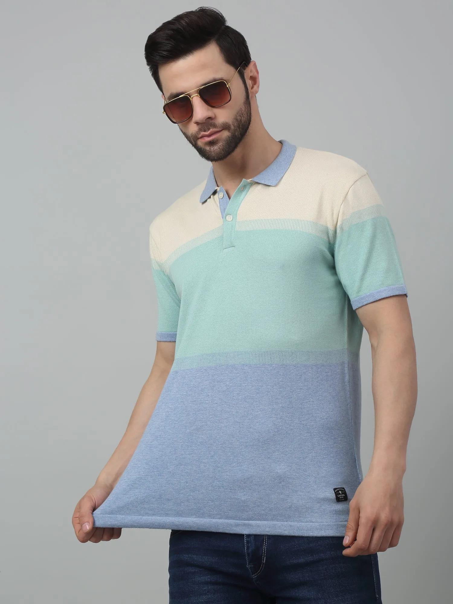 Men's Sky Blue Color block Polo neck Half Sleeve Flatknit T-Shirt