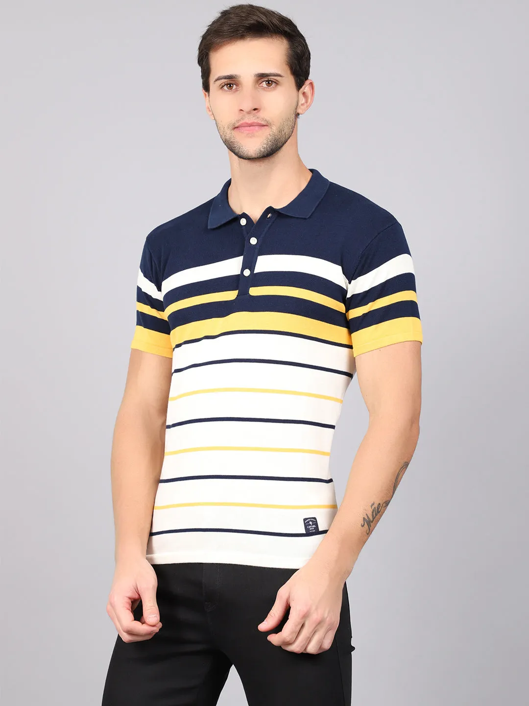 Men's Yellow Placement Stripe Polo neck Half Sleeve Flatknit T-Shirt