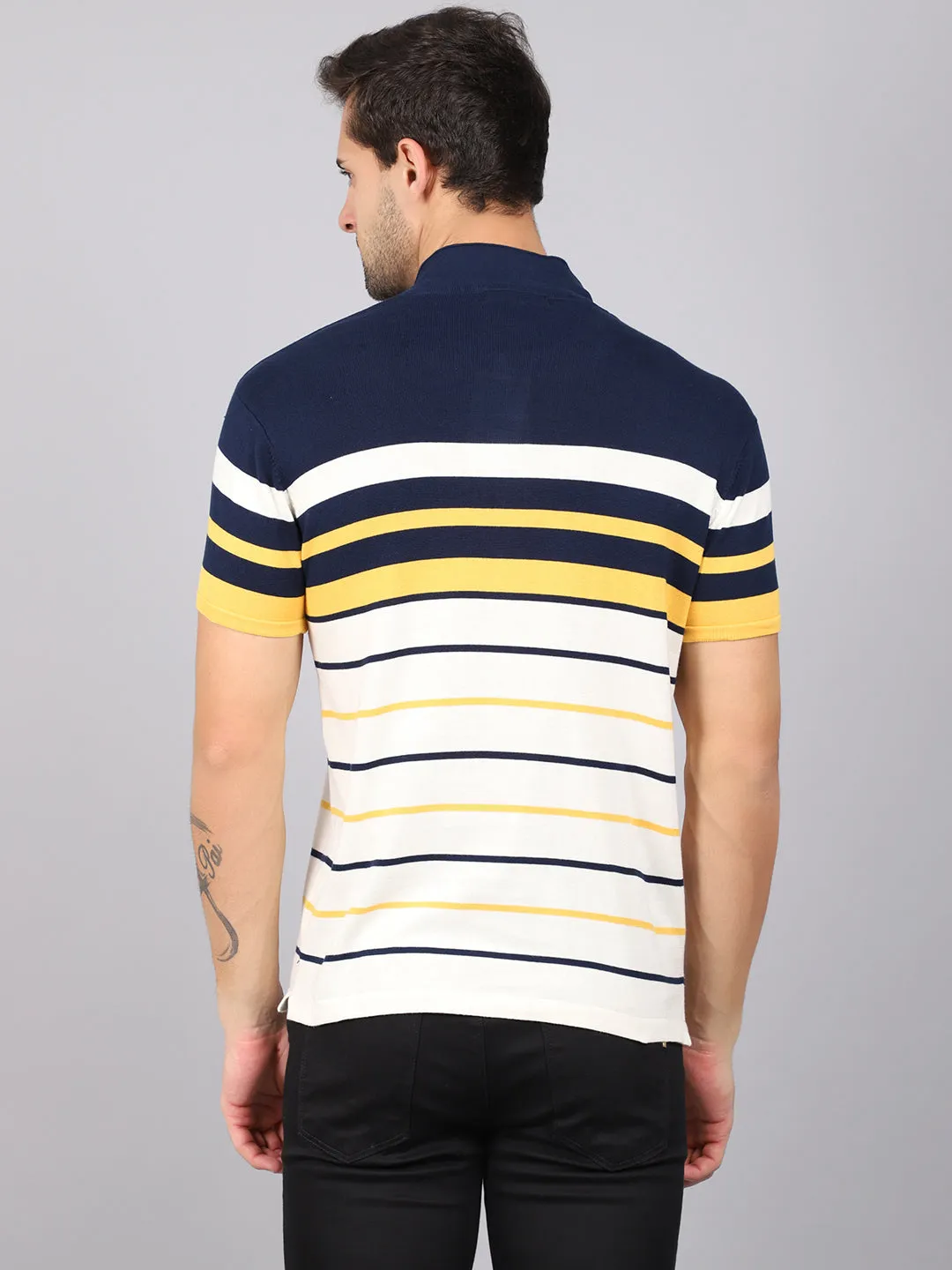 Men's Yellow Placement Stripe Polo neck Half Sleeve Flatknit T-Shirt