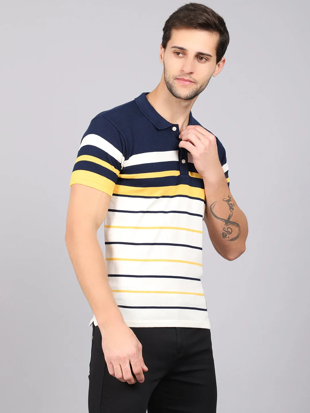 Men's Yellow Placement Stripe Polo neck Half Sleeve Flatknit T-Shirt