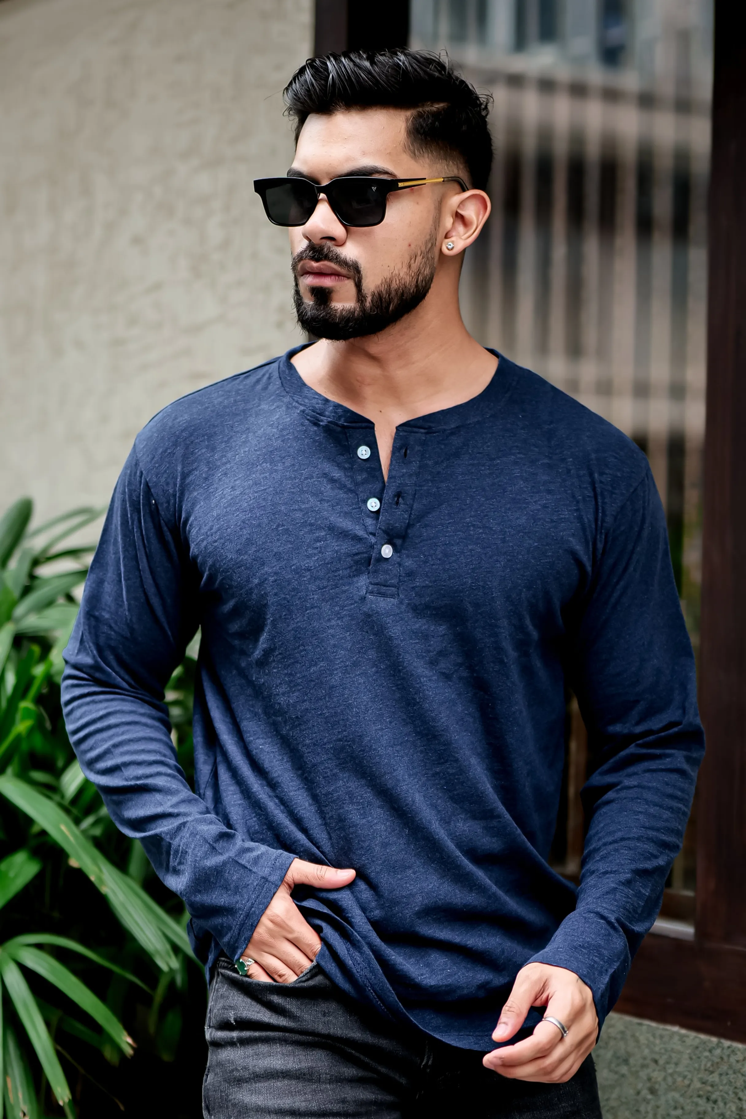 Navy Blue Self Design Henley Neck T-Shirt