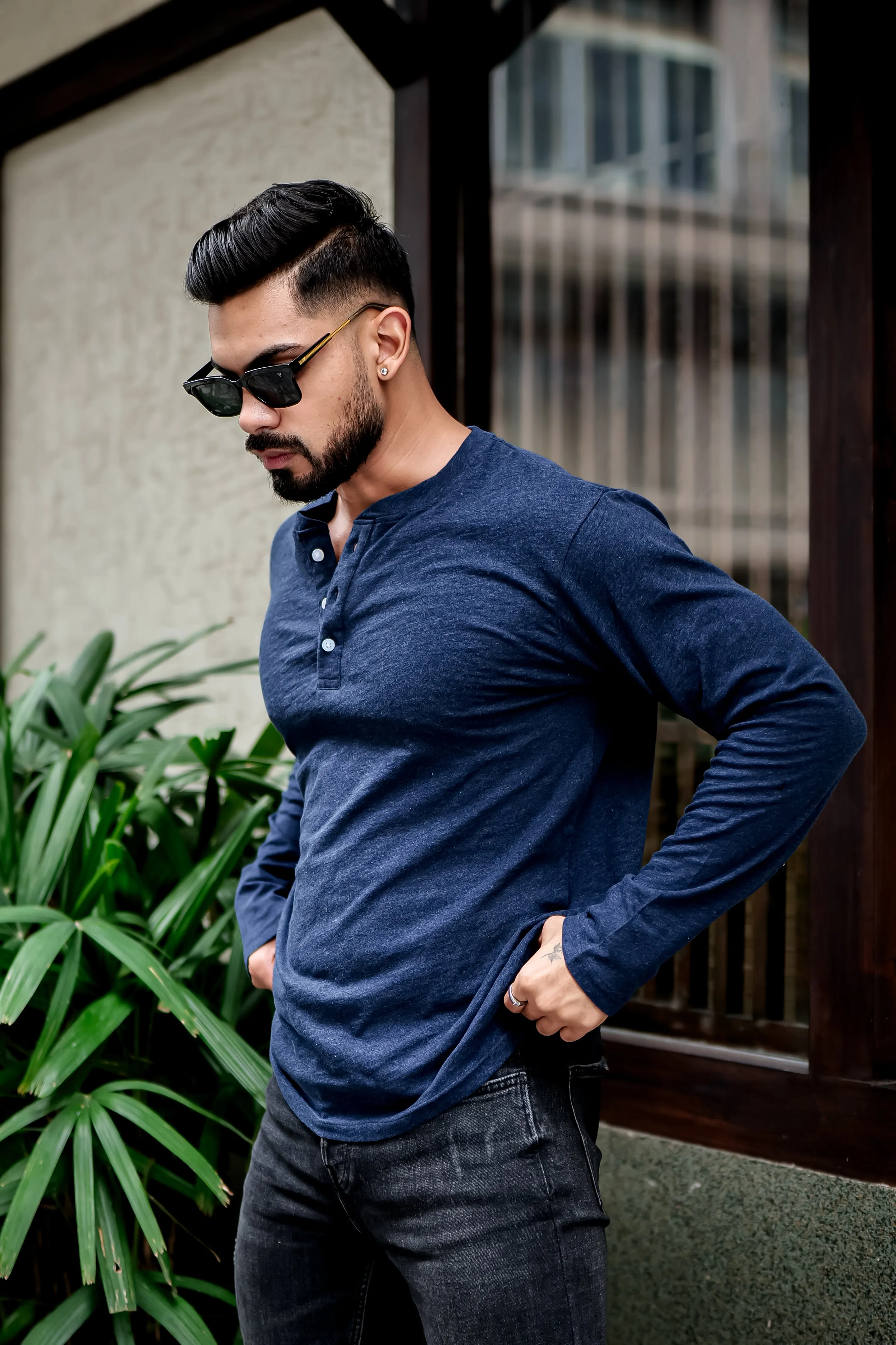 Navy Blue Self Design Henley Neck T-Shirt