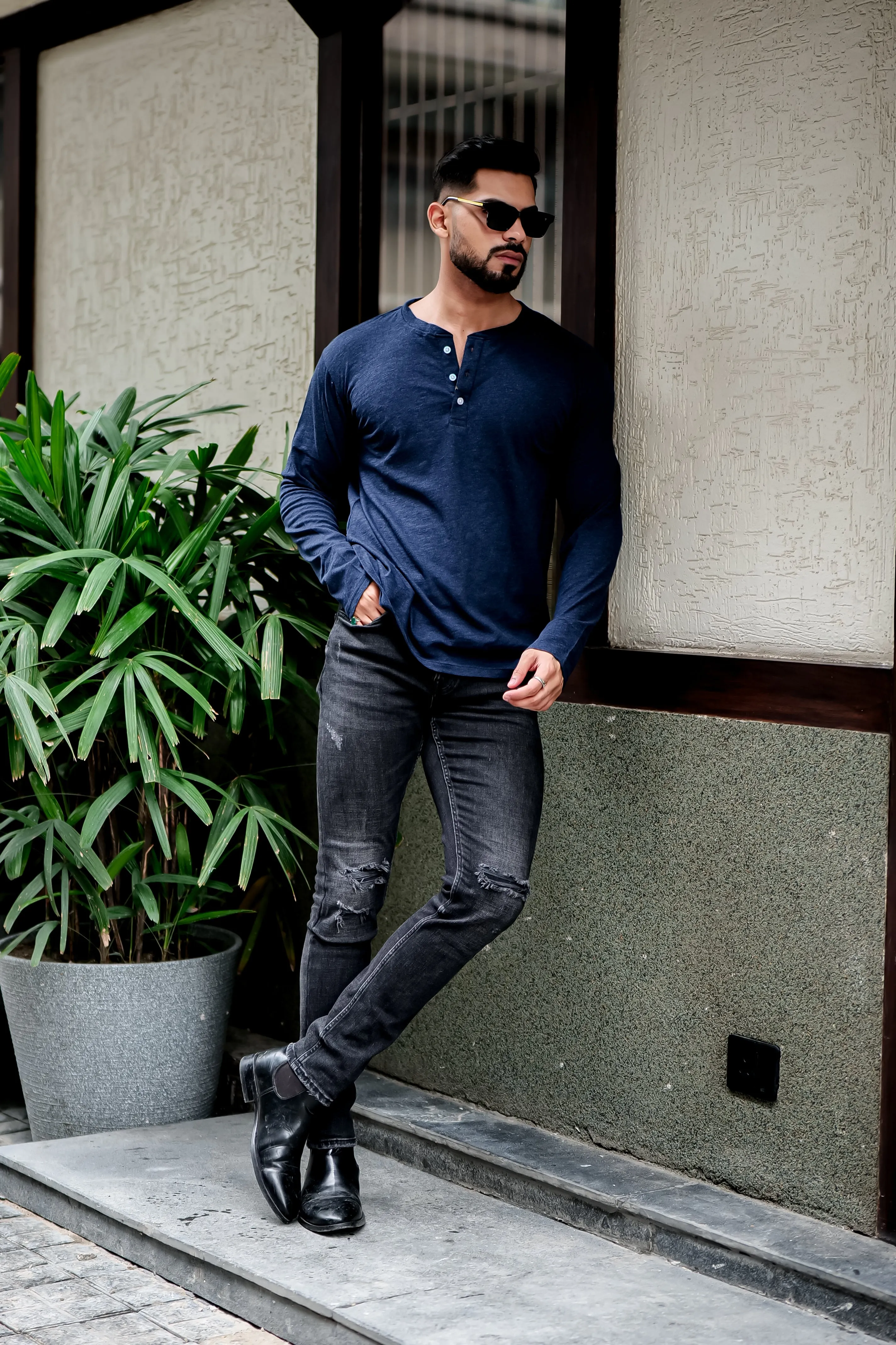 Navy Blue Self Design Henley Neck T-Shirt