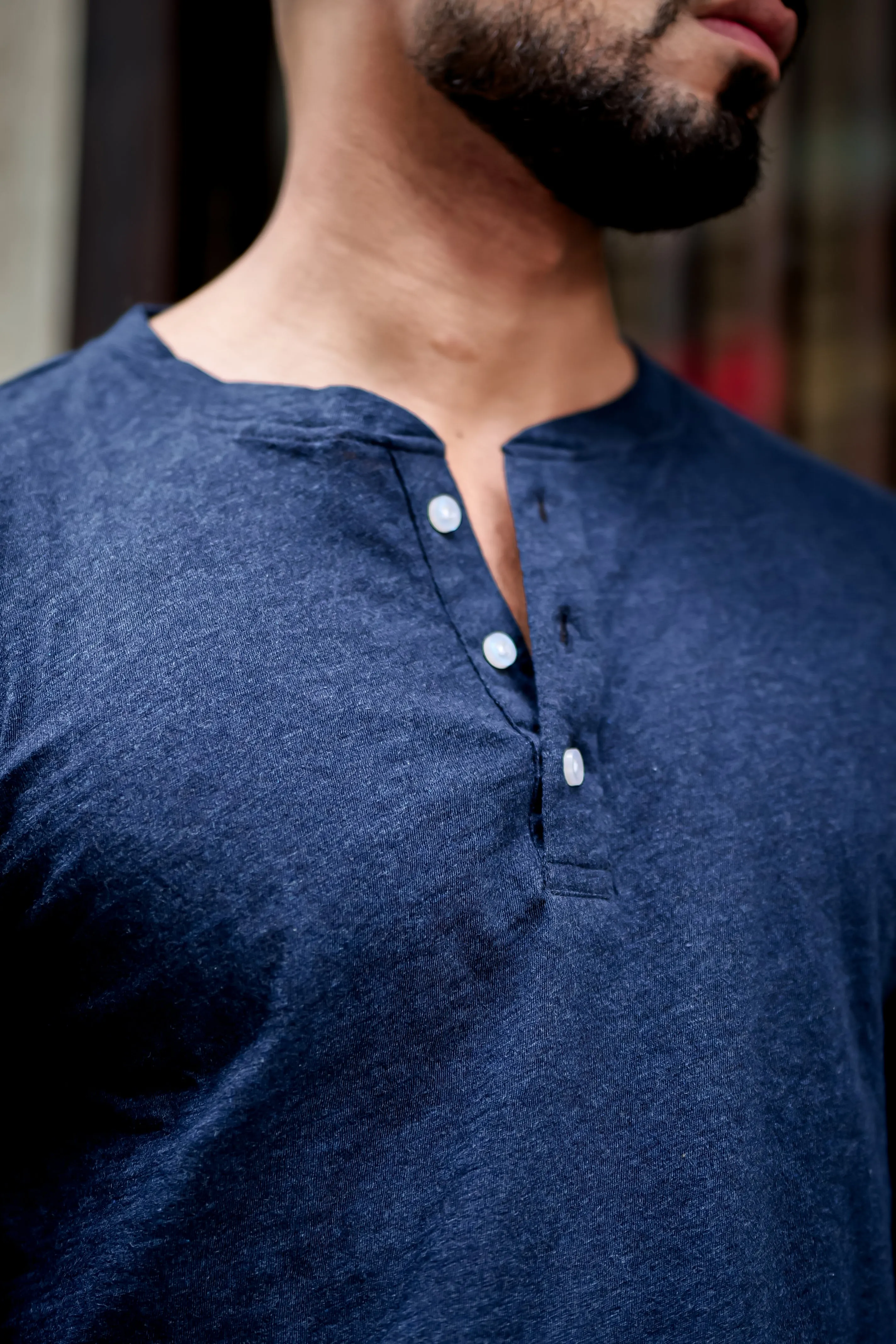 Navy Blue Self Design Henley Neck T-Shirt