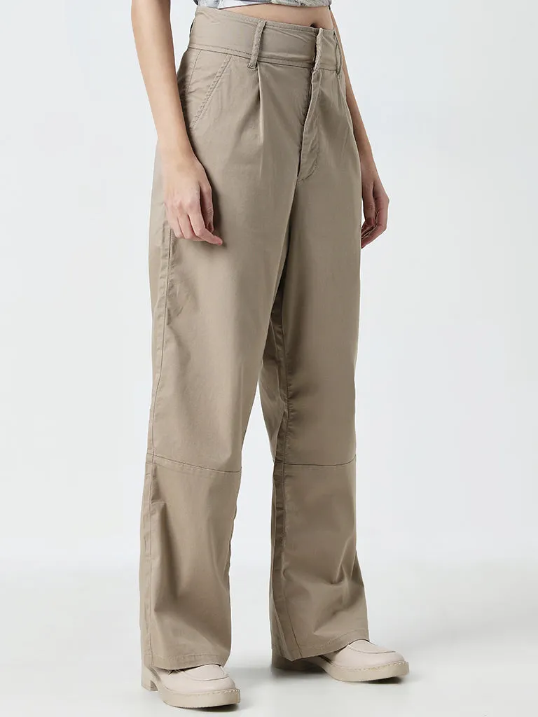 Nuon Beige Solid High-Rise Cotton Blend Trousers