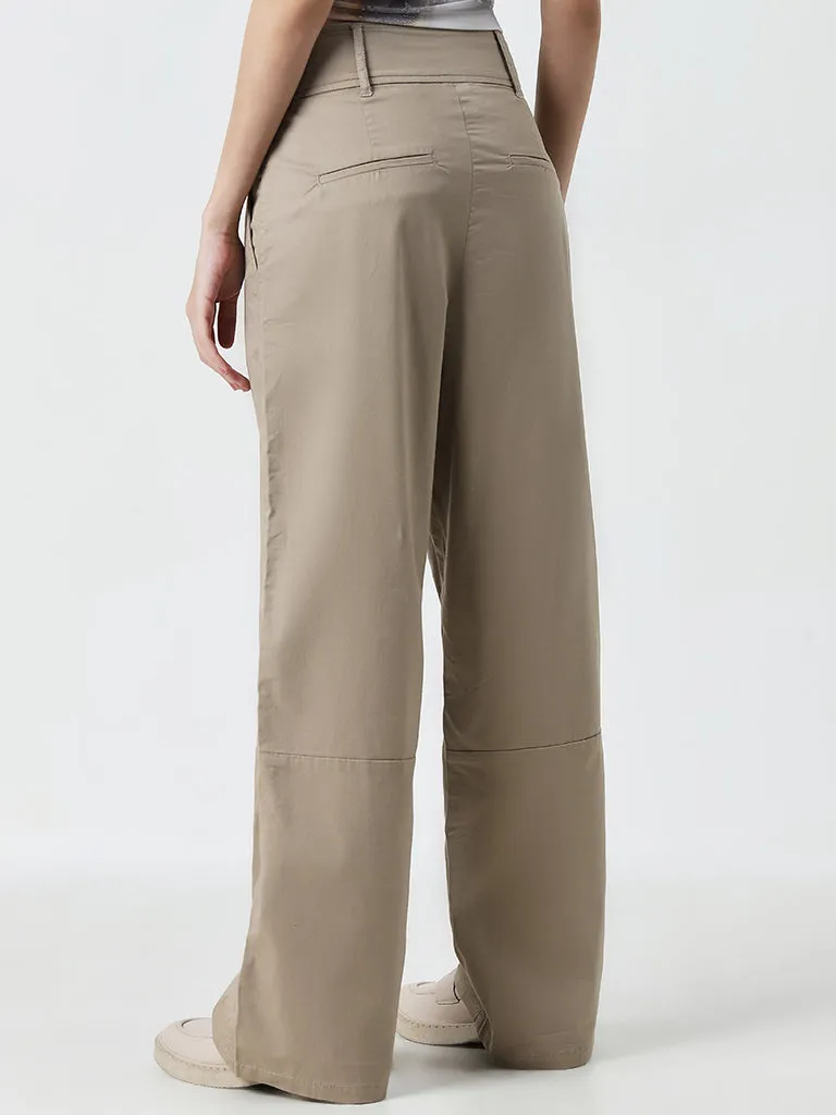 Nuon Beige Solid High-Rise Cotton Blend Trousers