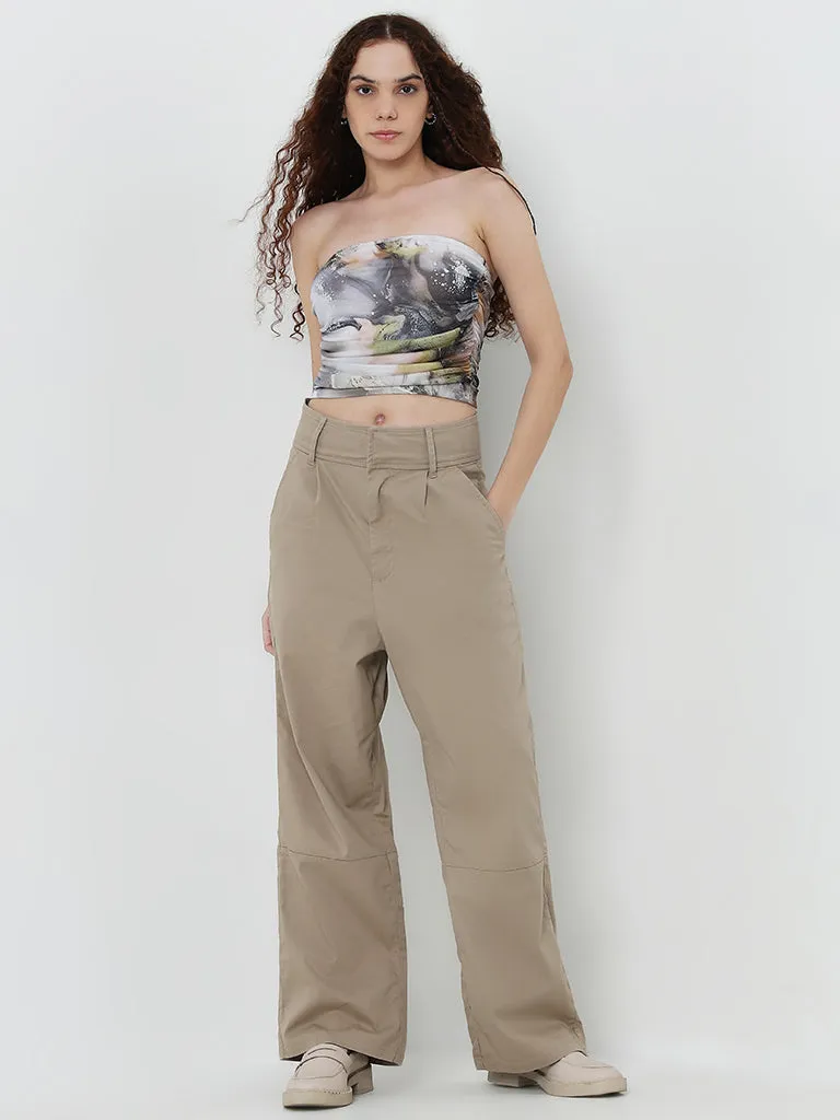 Nuon Beige Solid High-Rise Cotton Blend Trousers