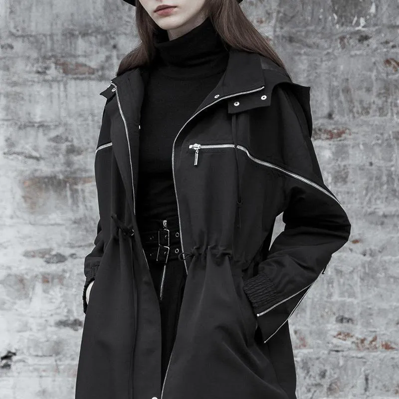 Punk Turn-down Collar Zipper Strappy Hooded Coat