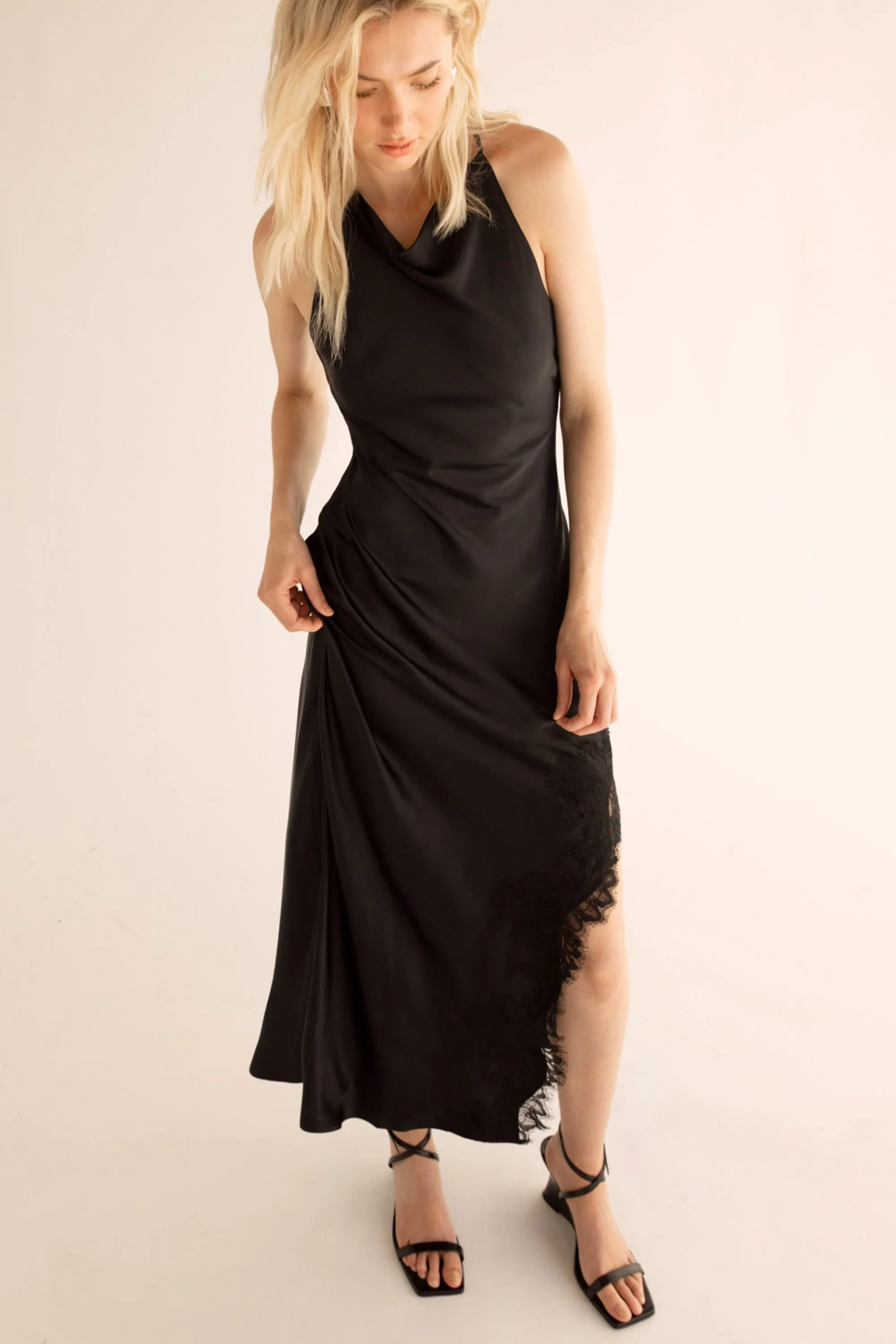 SATIN MAXI DRESS WITH LACE TRIM SLIT