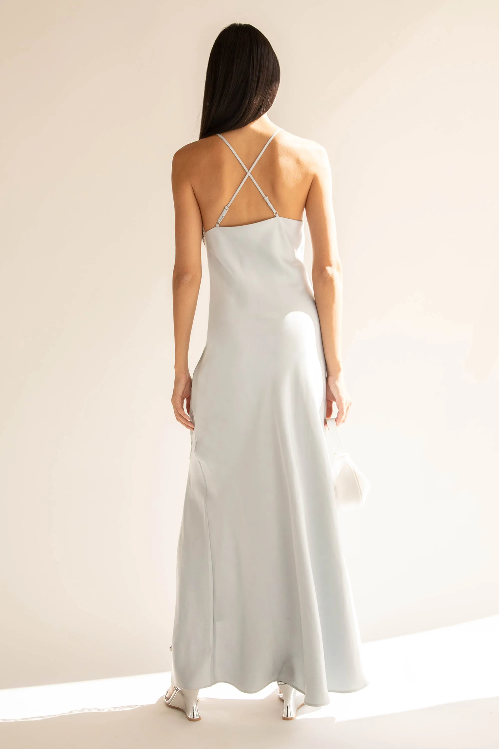 SATIN MAXI DRESS WITH LACE TRIM SLIT