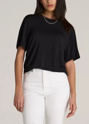 Short-Sleeve Oversized Crewneck Pocket T-Shirt for Tall Women in Black