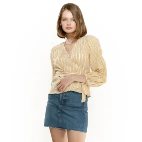 Smocked Sleeve Stripe Wrap Blouse in Yellow