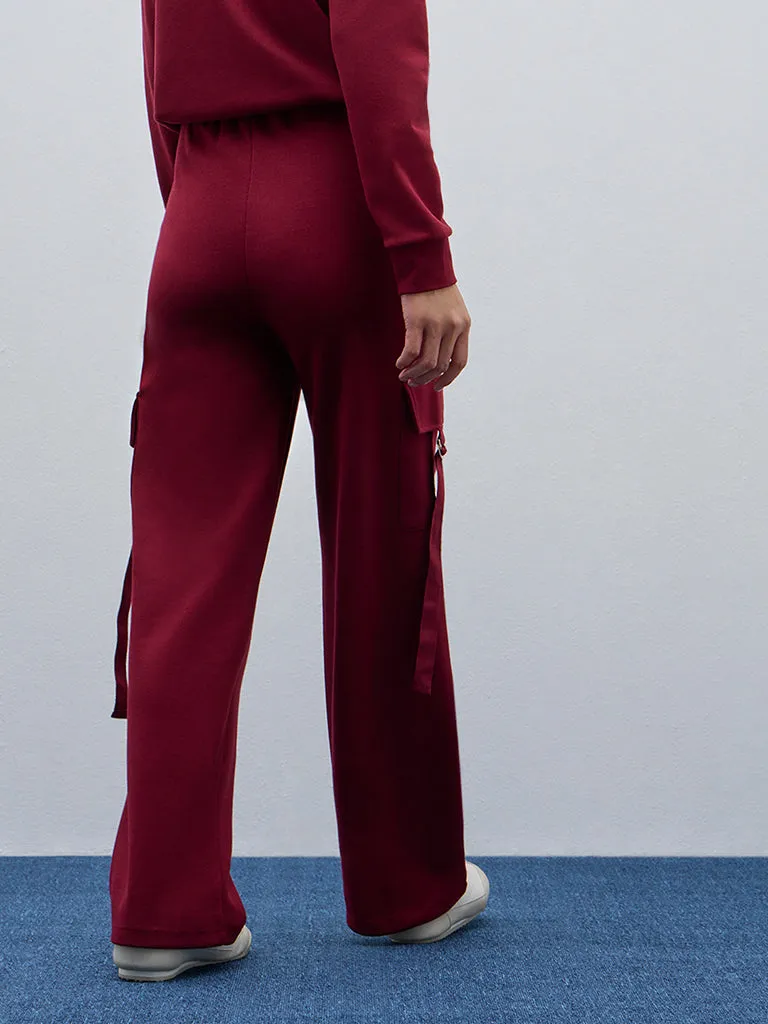 Studiofit Maroon Cargo-Style High-Rise Track Pants